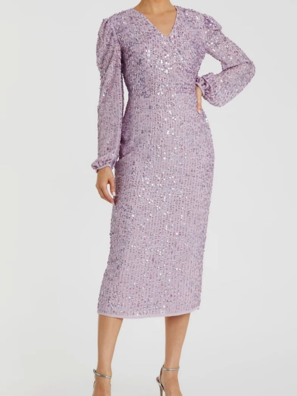Mac Duggal Lavender Sequined Illusion Puff Sleeve V Neck Midi Dress - Size 4